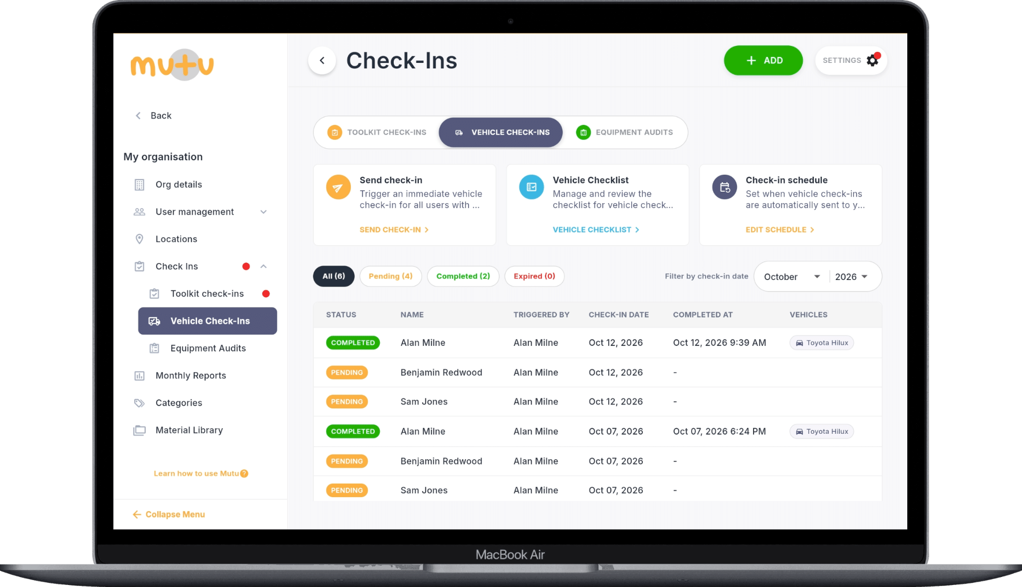 Mutu Fleet vehicle check-in dashboard showing schedules and pending and completed check-ins