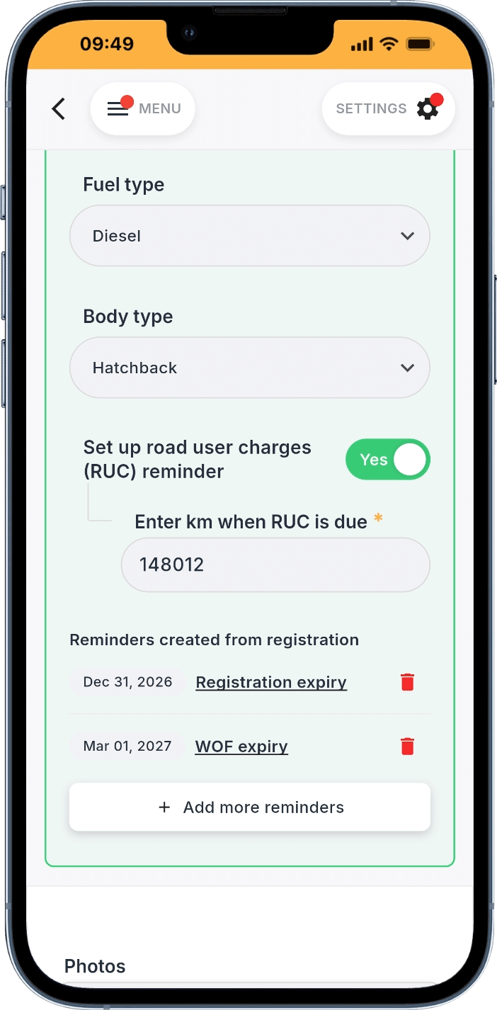 Mutu Fleet road user charge settings and automatic registration and WOF expiry reminders