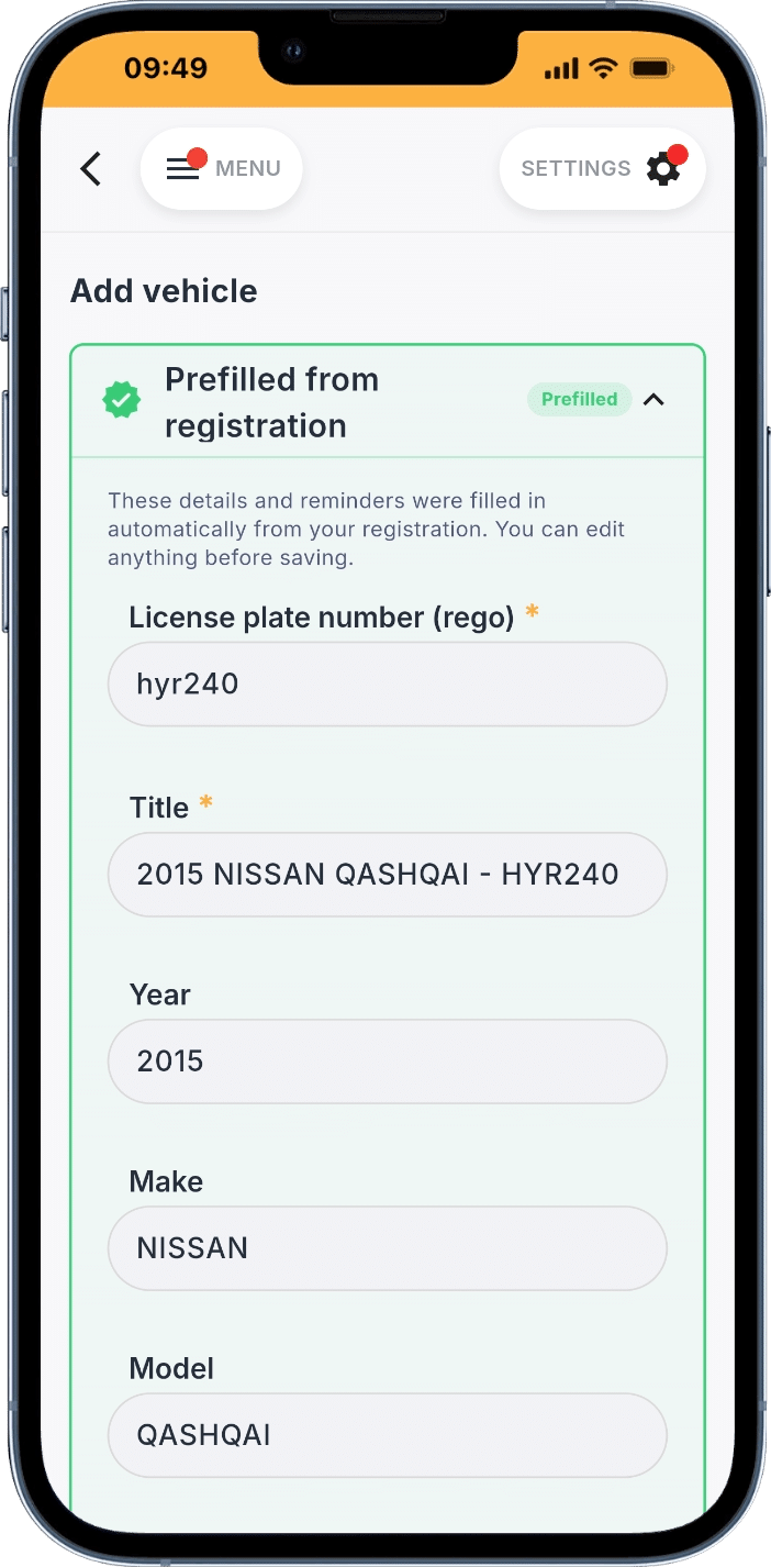 Mutu Fleet automatically prefills vehicle make, model and year from a registration plate