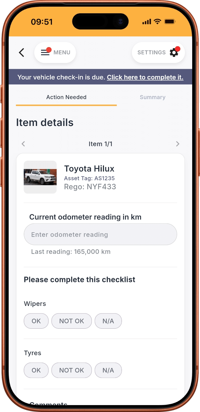 Staff vehicle check-in with an odometer reading field and vehicle safety checklist